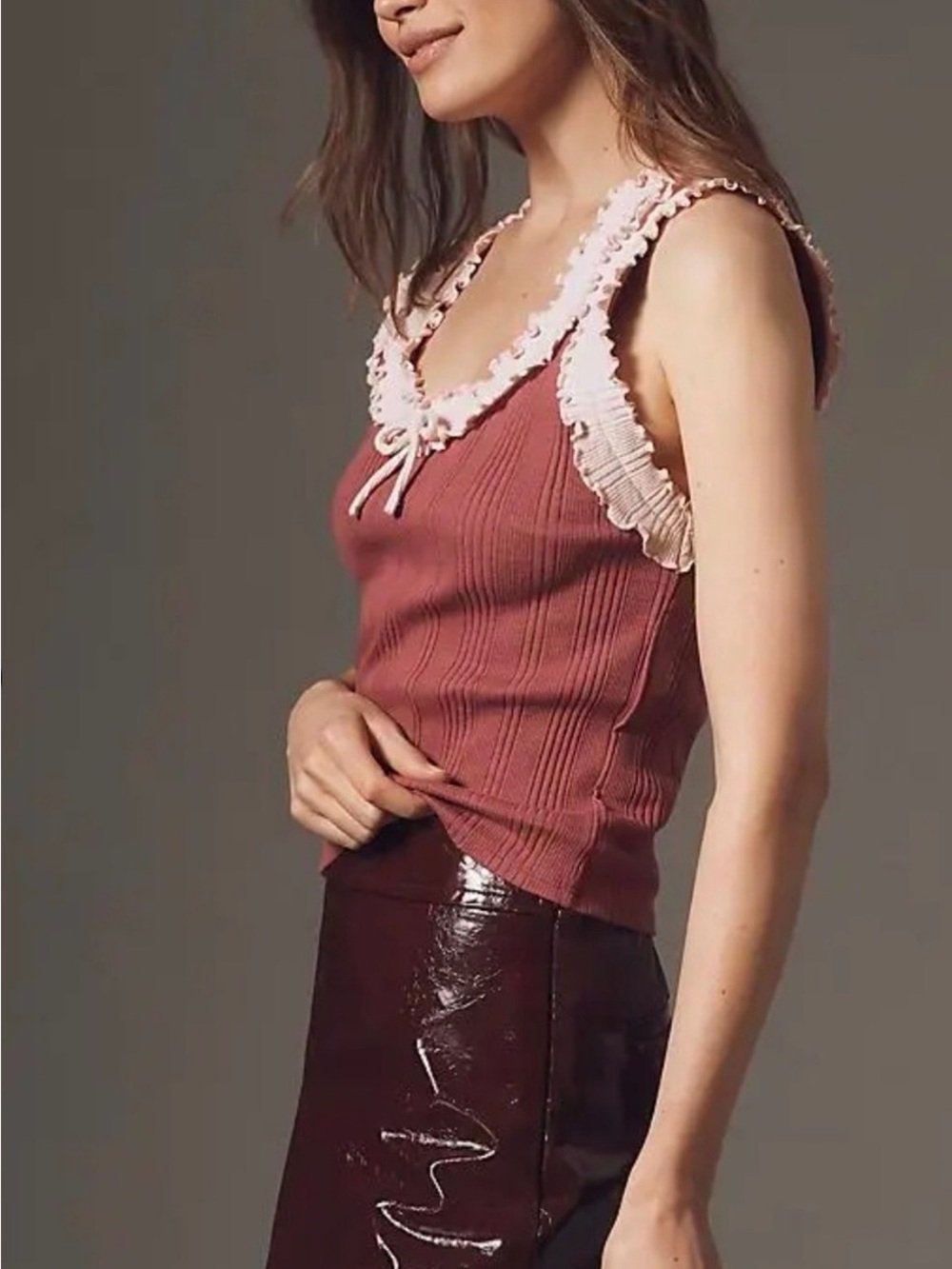 Anthropologie Rose Pink Ribbed Tank with Cream Ruffle Trim